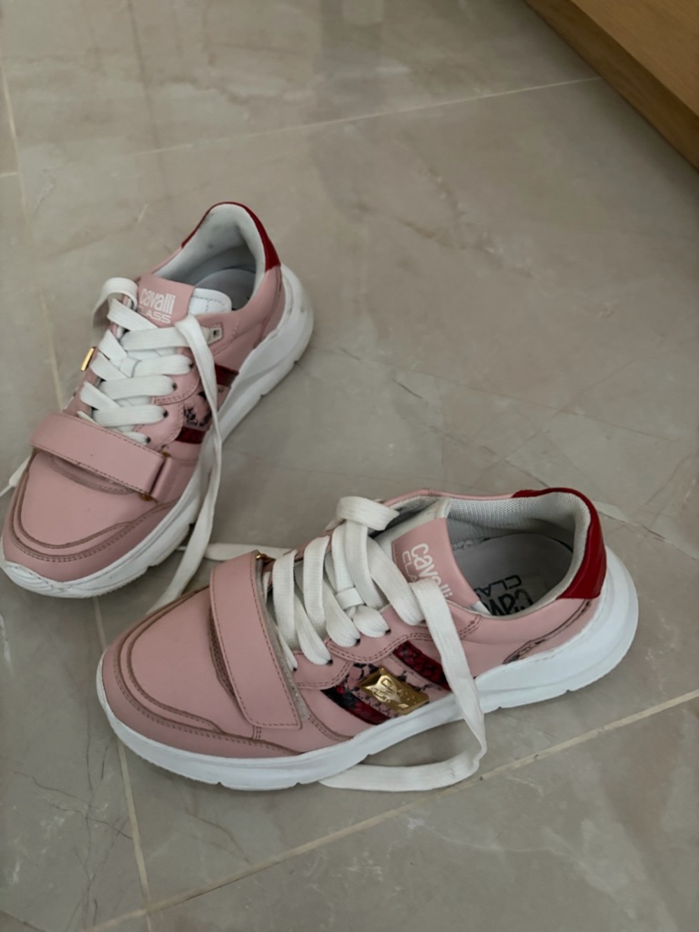 Cavalli Class Pink and Red Low-Top Sneakers leather 39.5